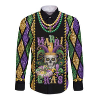 Long sleeve black button shirt with Mardi Gras beads and fleur de lis skull graphic