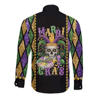 Back view long sleeve black button shirt with Mardi Gras skull and purple-gold diamond sleeves
