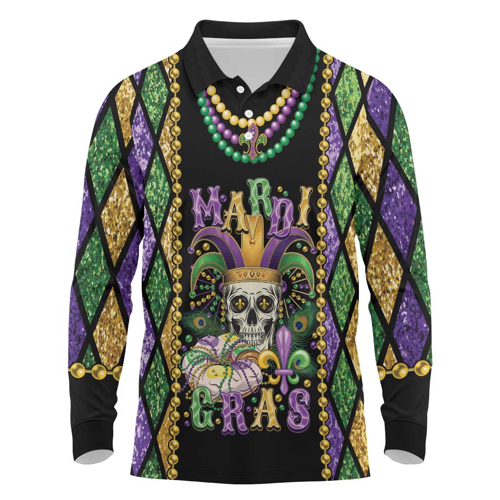 Mardi Gras Skull Long Sleeve Polo Shirt Beads Fleur De Lis - Wonder Print Shop