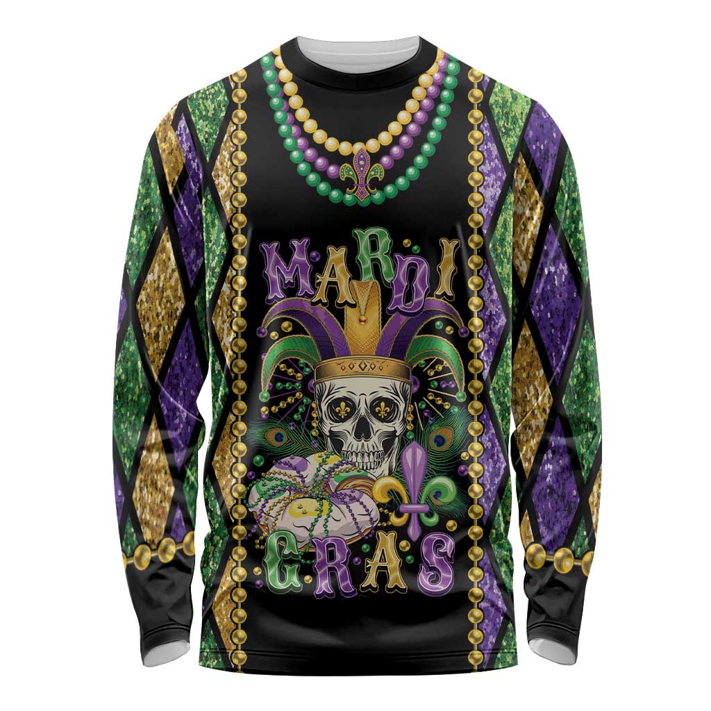 Mardi Gras Skull Long Sleeve Shirt Beads Fleur De Lis - Wonder Print Shop