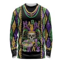 Long sleeve Mardi Gras shirt with skull, fleur-de-lis beads, and purple green graphics