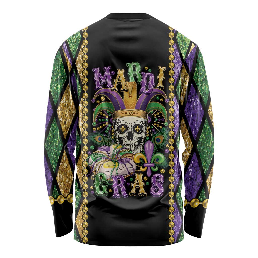 Back of long sleeve Mardi Gras shirt with skull, fleur-de-lis beads, and purple green graphics
