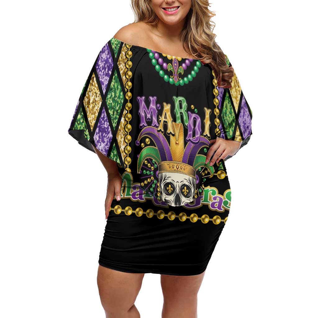 Mardi Gras Skull Off Shoulder Short Dress Beads Fleur De Lis - Wonder Print Shop