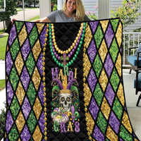 Mardi Gras quilt blanket with purple, green, and gold diamond pattern and bead trim
