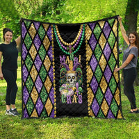 Mardi Gras quilt blanket featuring colorful bead garland trim and fleur de lis skull art