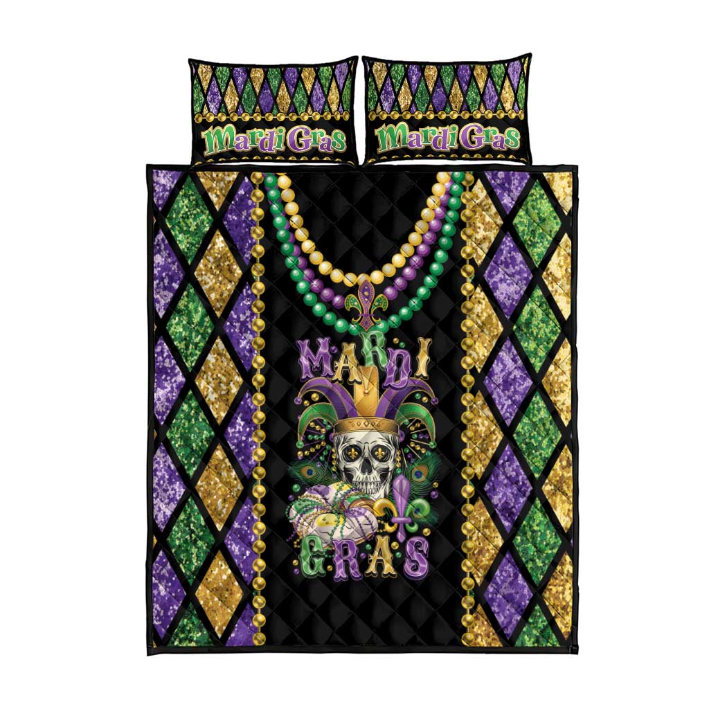 Mardi Gras themed quilt bed set featuring a skull center, bead necklaces, and purple-green diamond pattern