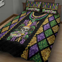 Mardi Gras skull quilt bed set with fleur-de-lis, beaded garlands, and black with green purple accents