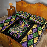 Mardi Gras skull quilt bed set draped on a bed with bead strands, fleur-de-lis, and purple gold trim