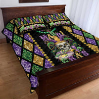 Mardi Gras skull quilt bed set with bead necklace design, fleur-de-lis, and purple green gold panel blocks