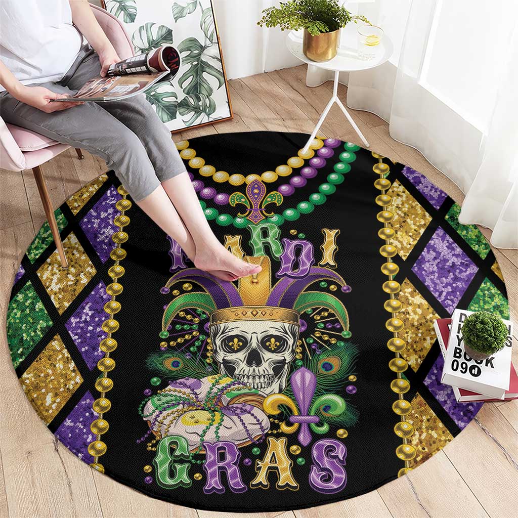 Round black Mardi Gras skull rug with colorful bead strands and fleur-de-lis artwork