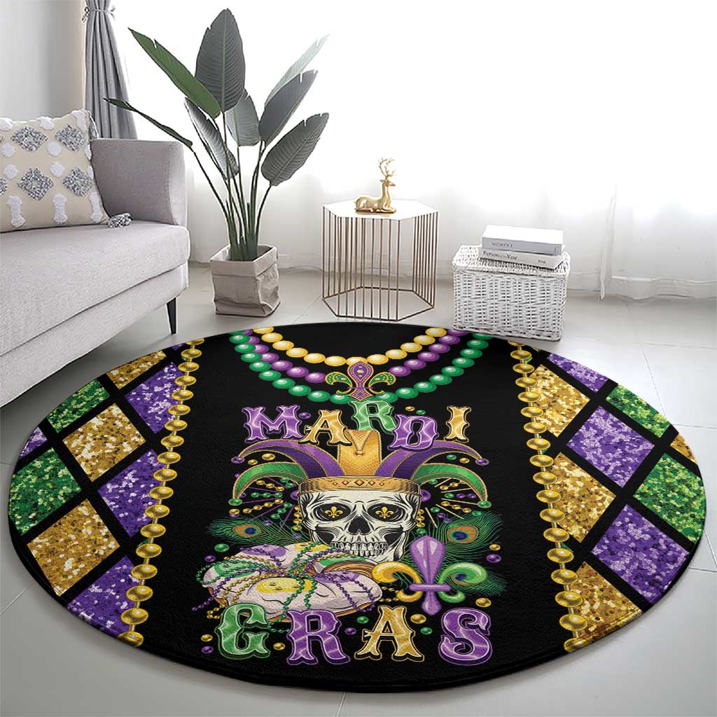 Round Mardi Gras skull area rug with green and purple fleur-de-lis fan and gold bead garland