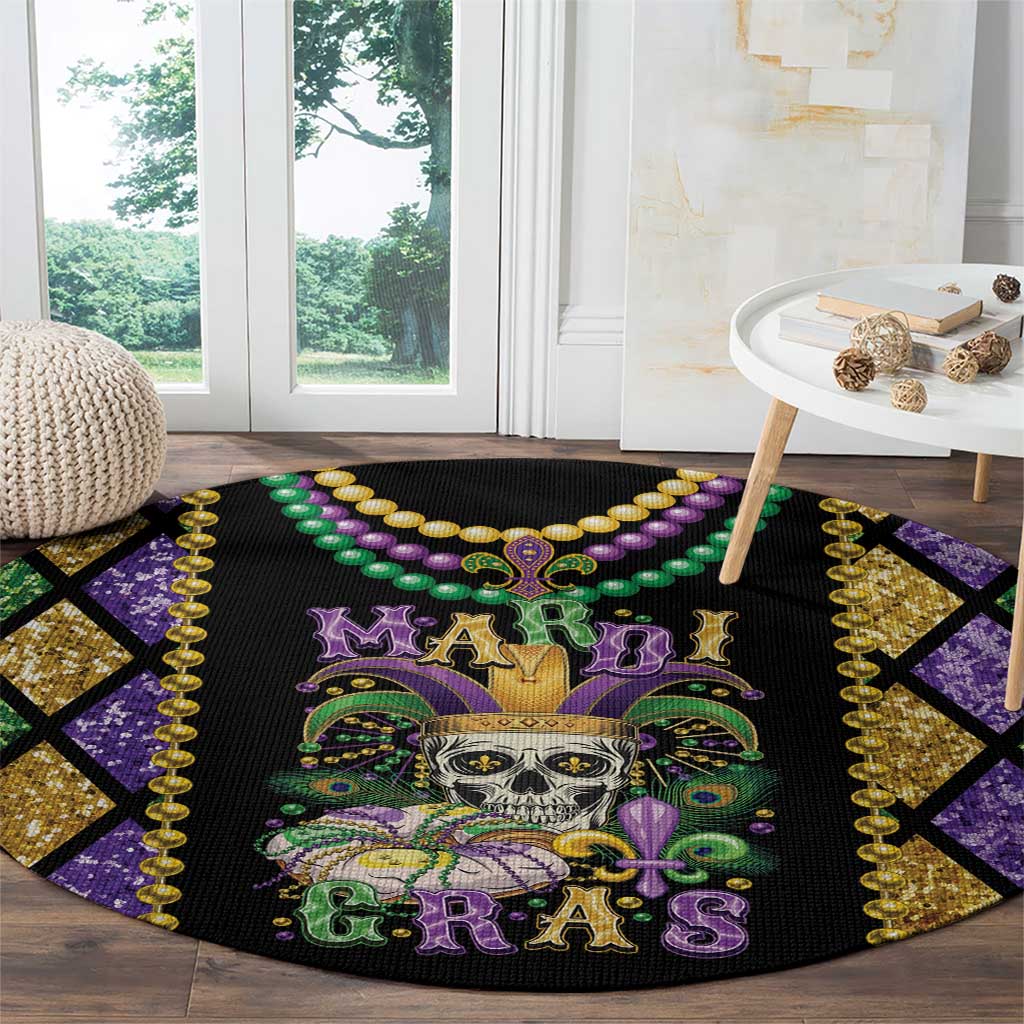 Round black Mardi Gras rug with skull graphic, purple fleur-de-lis and gold bead accents