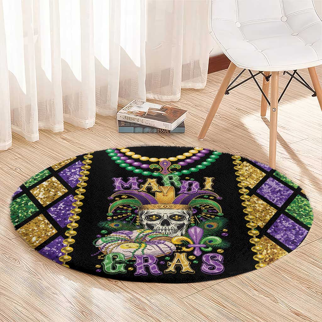 Round black Mardi Gras rug with skull and purple-green fleur-de-lis, edged with gold beads