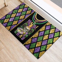 Mardi Gras themed rubber doormat with skull centerpiece, bead garlands, and diamond pattern