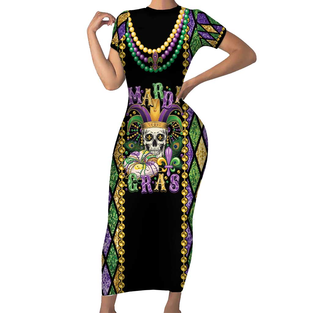 Mardi Gras Skull Short Sleeve Bodycon Dress Beads Fleur De Lis