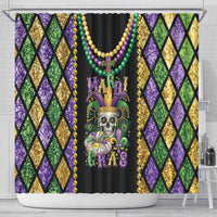 Skull Mardi Gras shower curtain with bead necklaces and crowned skull center graphic