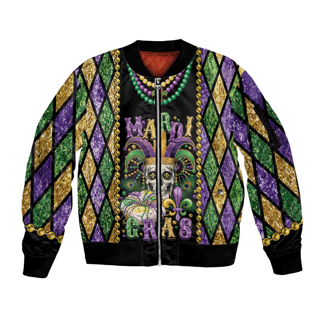 Mardi Gras Skull Sleeve Zip Bomber Jacket Beads Fleur De Lis