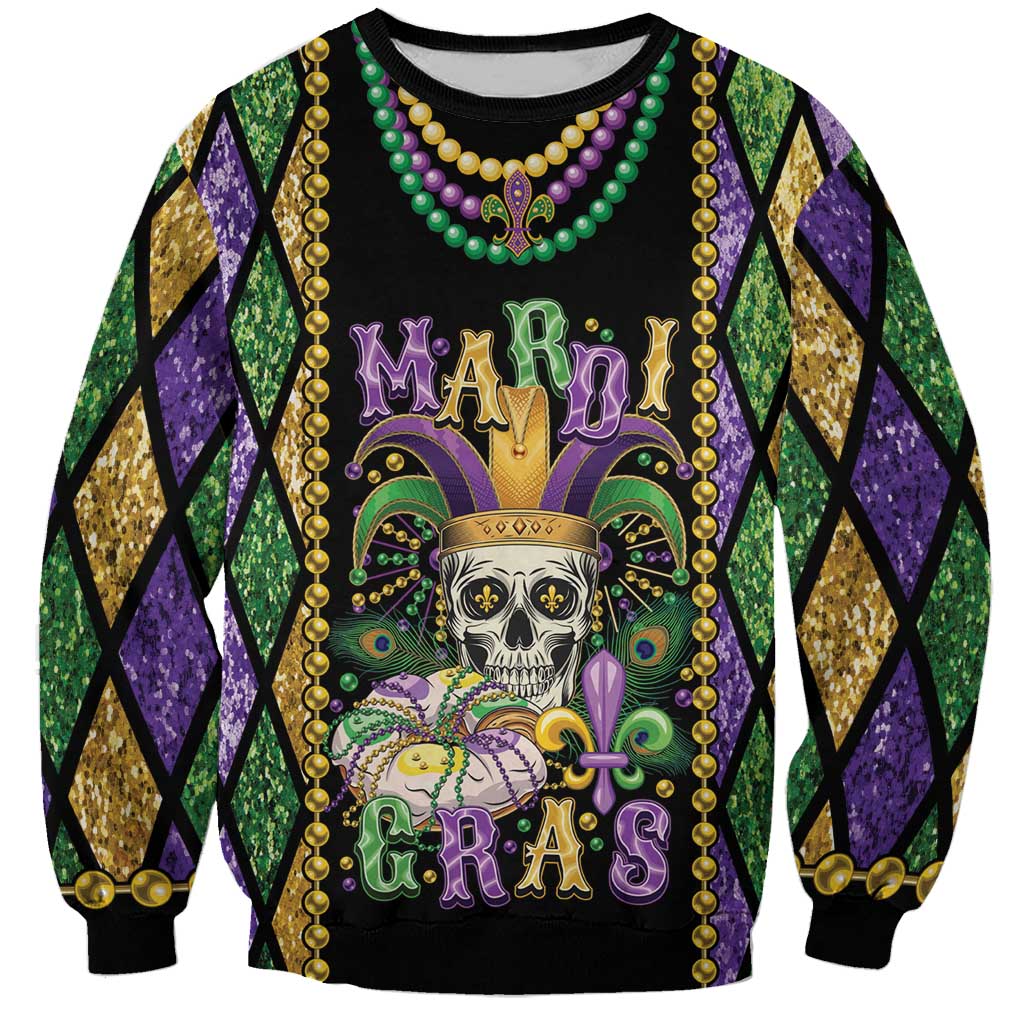 Black unisex sweatshirt with Mardi Gras bead trim, skull and fleur-de-lis graphic on front
