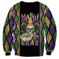 Black unisex sweatshirt with skull and Mardi Gras graphic, gold bead trim and diamond sleeves