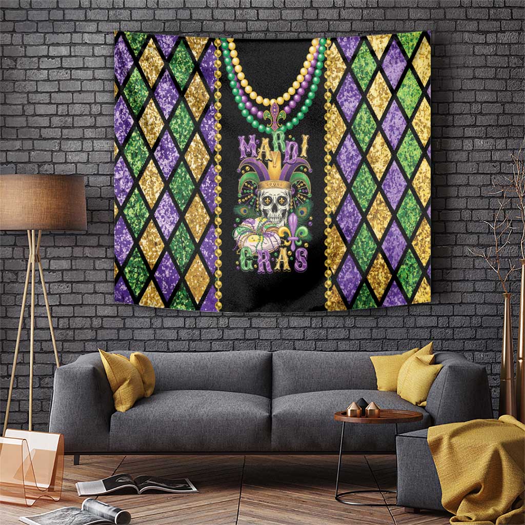 Mardi Gras themed tapestry wall hanging with Mardi Gras beads, fleur-de-lis frame, and skull graphic.