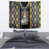 Rectangular Mardi Gras skull tapestry with gold, purple, green diamond pattern and beaded necklace design.