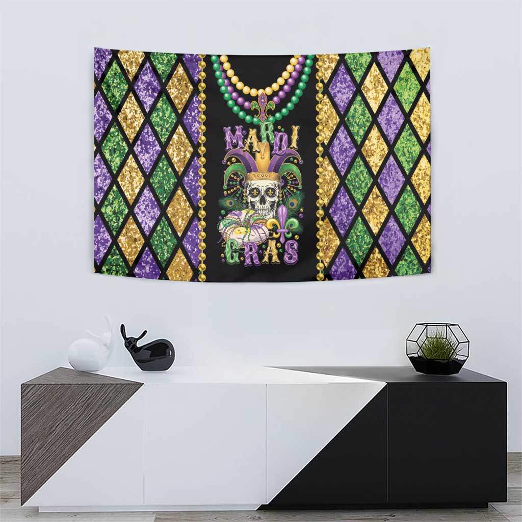 Mardi Gras skull wall tapestry with fleur-de-lis crown, purple green gold diamond sides, and bead garland.