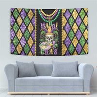 Mardi Gras skull tapestry featuring beaded necklace, fleur-de-lis crown, and purple green gold diamond borders.