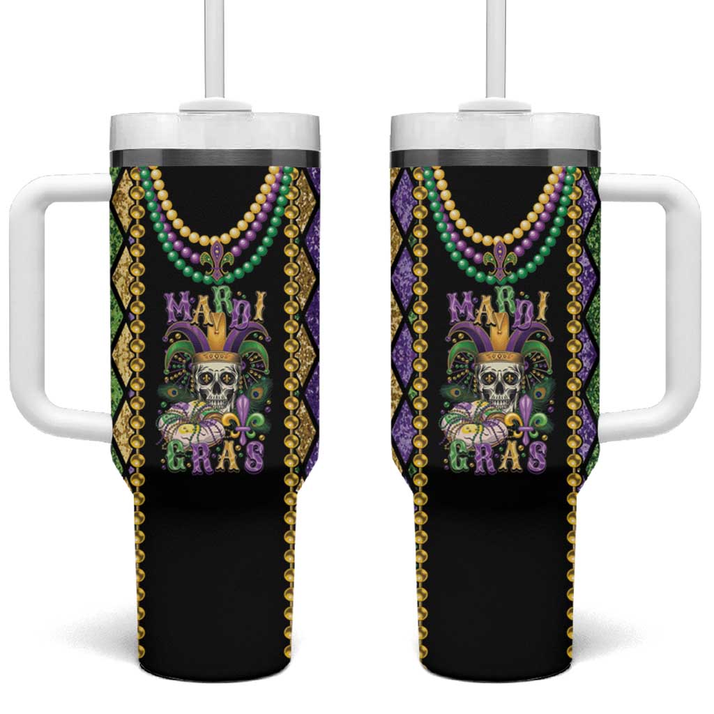 Mardi Gras Skull Tumbler With Handle Beads Fleur De Lis