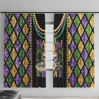Mardi Gras window curtain with colorful diamond pattern, skull print, and gold bead strands