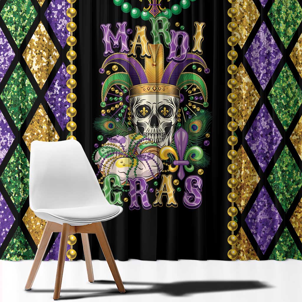 Mardi Gras skull window curtain with Mardi Gras text, purple-green diamond backdrop, and bead accents