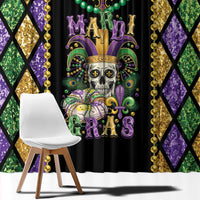 Mardi Gras skull window curtain with Mardi Gras text, purple-green diamond backdrop, and bead accents