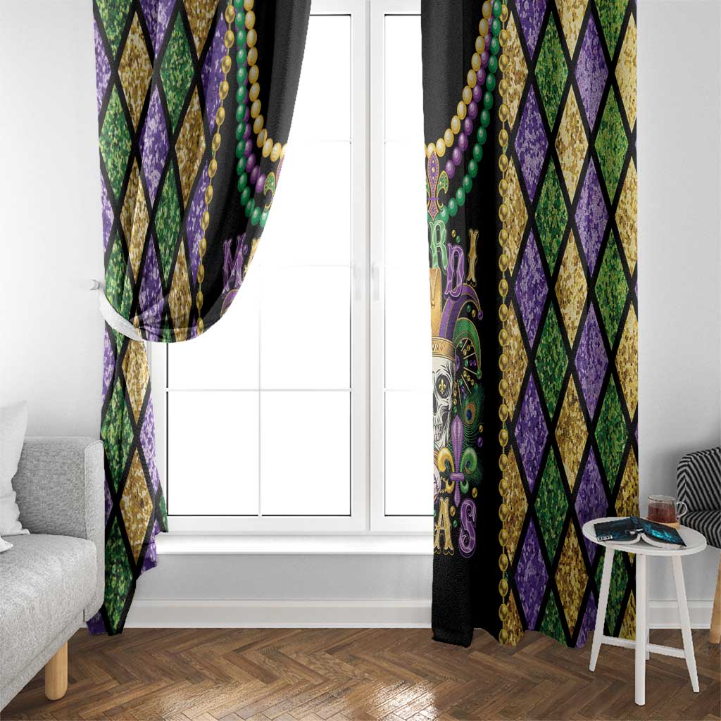 Mardi Gras window curtain with colorful diamond pattern, skull panel, and hanging bead strands