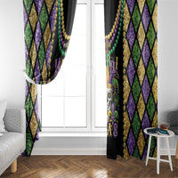 Mardi Gras window curtain with colorful diamond pattern, skull panel, and hanging bead strands