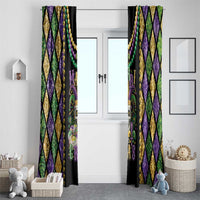 Set of Mardi Gras window curtains with green, purple, and gold diamond pattern and bead garland