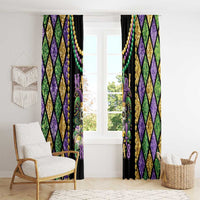 Mardi Gras window curtain pair with diamond pattern, skull center print, and multicolor bead strings