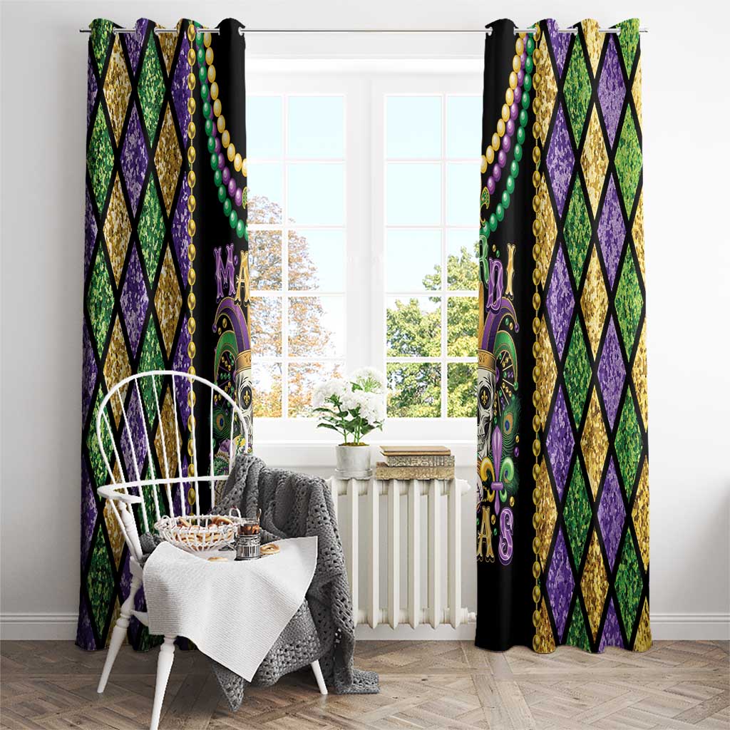 Mardi Gras window curtains with fleur-de-lis and skull design, purple-green diamonds, and bead trim