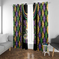 Mardi Gras window curtain pair with colorful diamond pattern and long gold bead strands