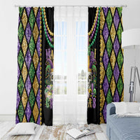 Mardi Gras window curtains with skull print, purple and green diamond design, and bead strings
