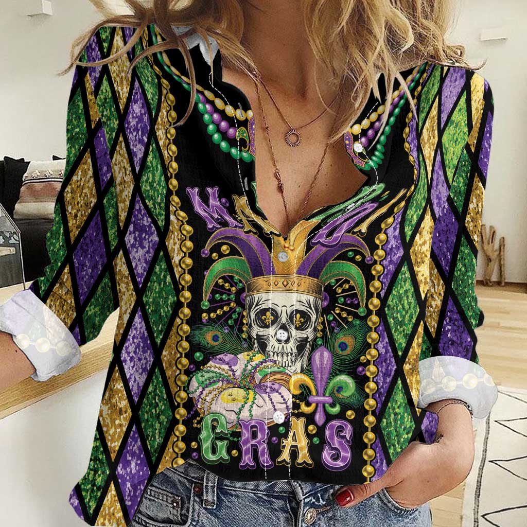 Mardi Gras Skull Women Casual Shirt Beads Fleur De Lis