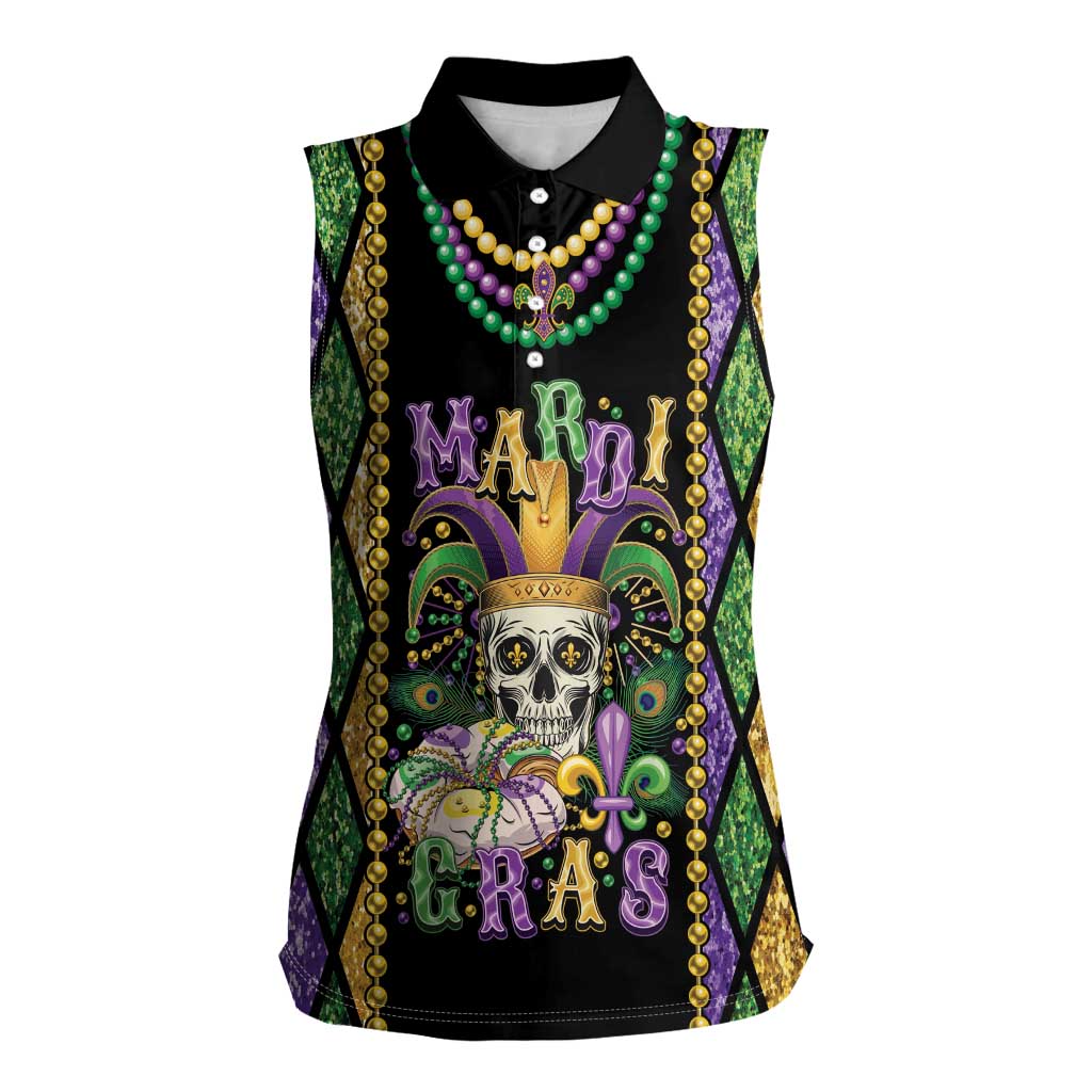 Mardi Gras Skull Women Sleeveless Polo Shirt Beads Fleur De Lis