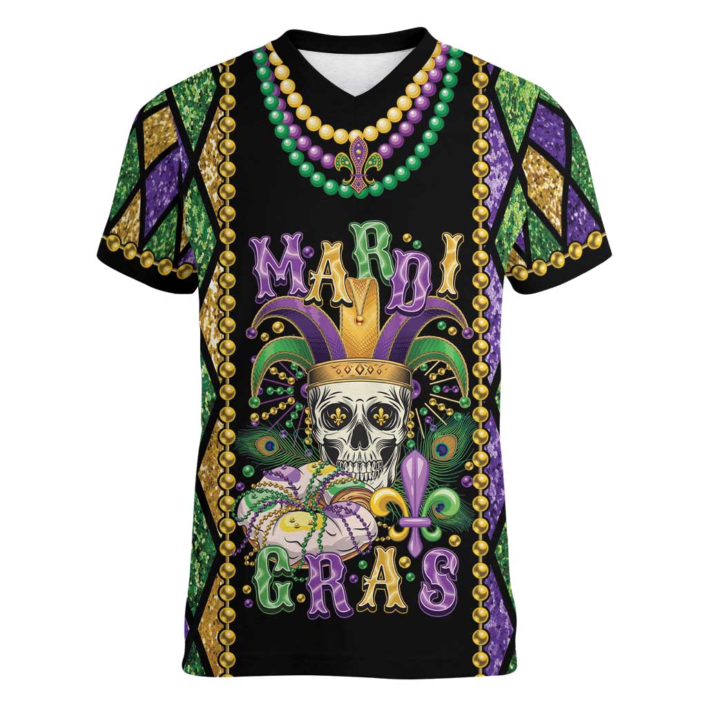 Mardi Gras Skull Women V-Neck T-Shirt Beads Fleur De Lis - Wonder Print Shop