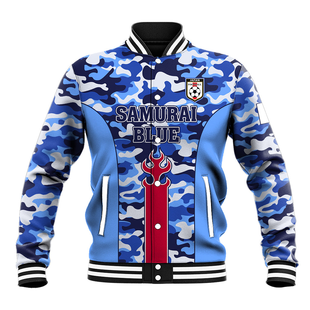 Blue camo varsity baseball jacket with striped rib collar, front zip, and SAMURAI BLUE graphic