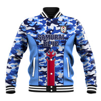 Blue camo varsity baseball jacket with striped rib collar, front zip, and SAMURAI BLUE graphic