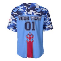 Blue camo baseball jersey back with number 01 and flame emblem