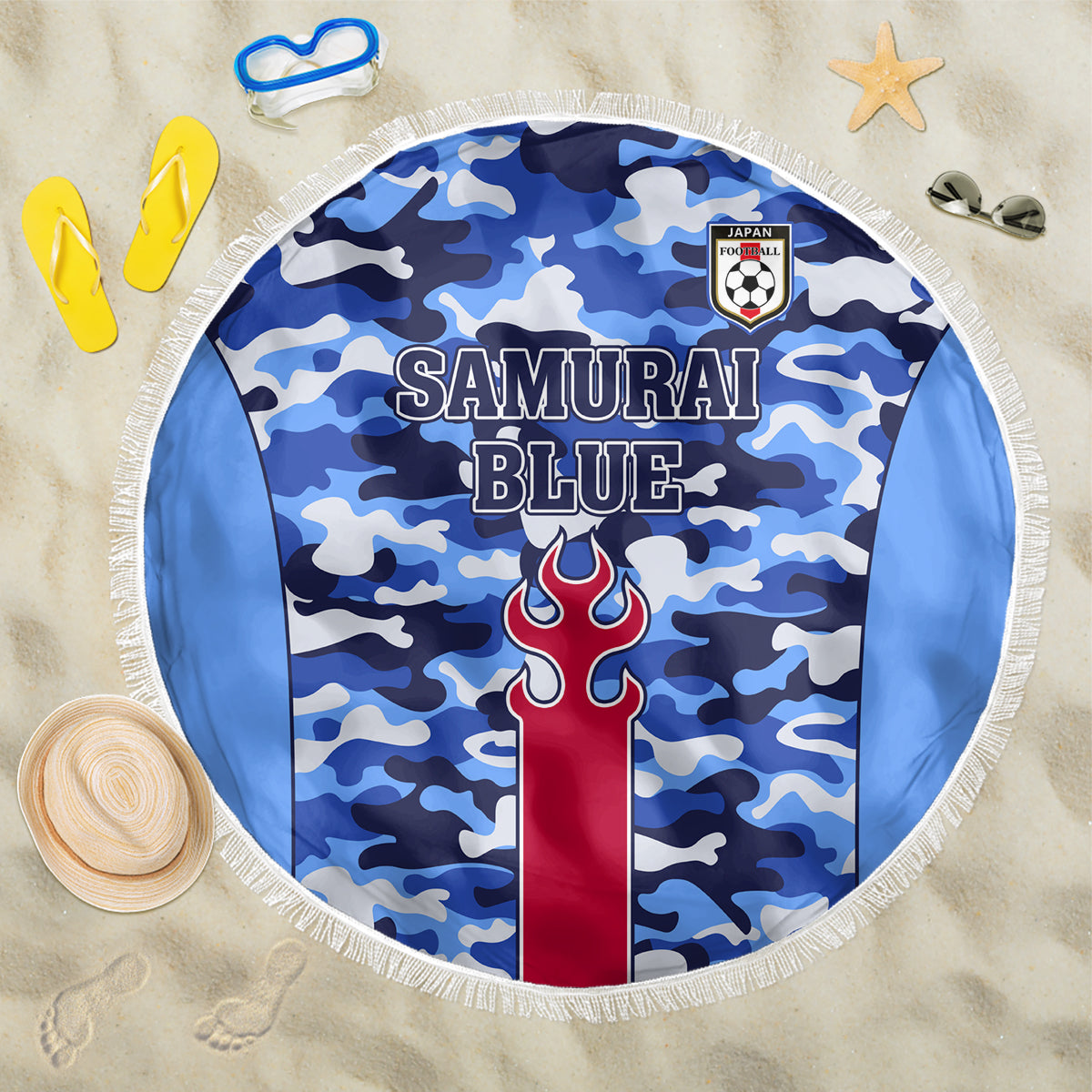 Round blue camouflage beach blanket with fringe, “Samurai Blue” graphic and crest.