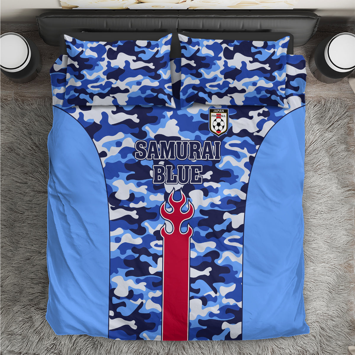 Blue camo bedding set with 'SAMURAI BLUE' text and crest on duvet and pillowcases