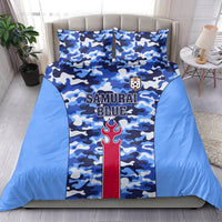 Blue camouflage duvet bedding set with 'SAMURAI BLUE' lettering, crest and flame center
