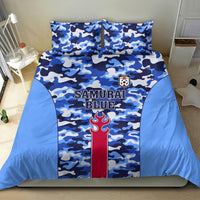 Blue camo bedding set with duvet panel, 'SAMURAI BLUE' print, crest and flame stripe