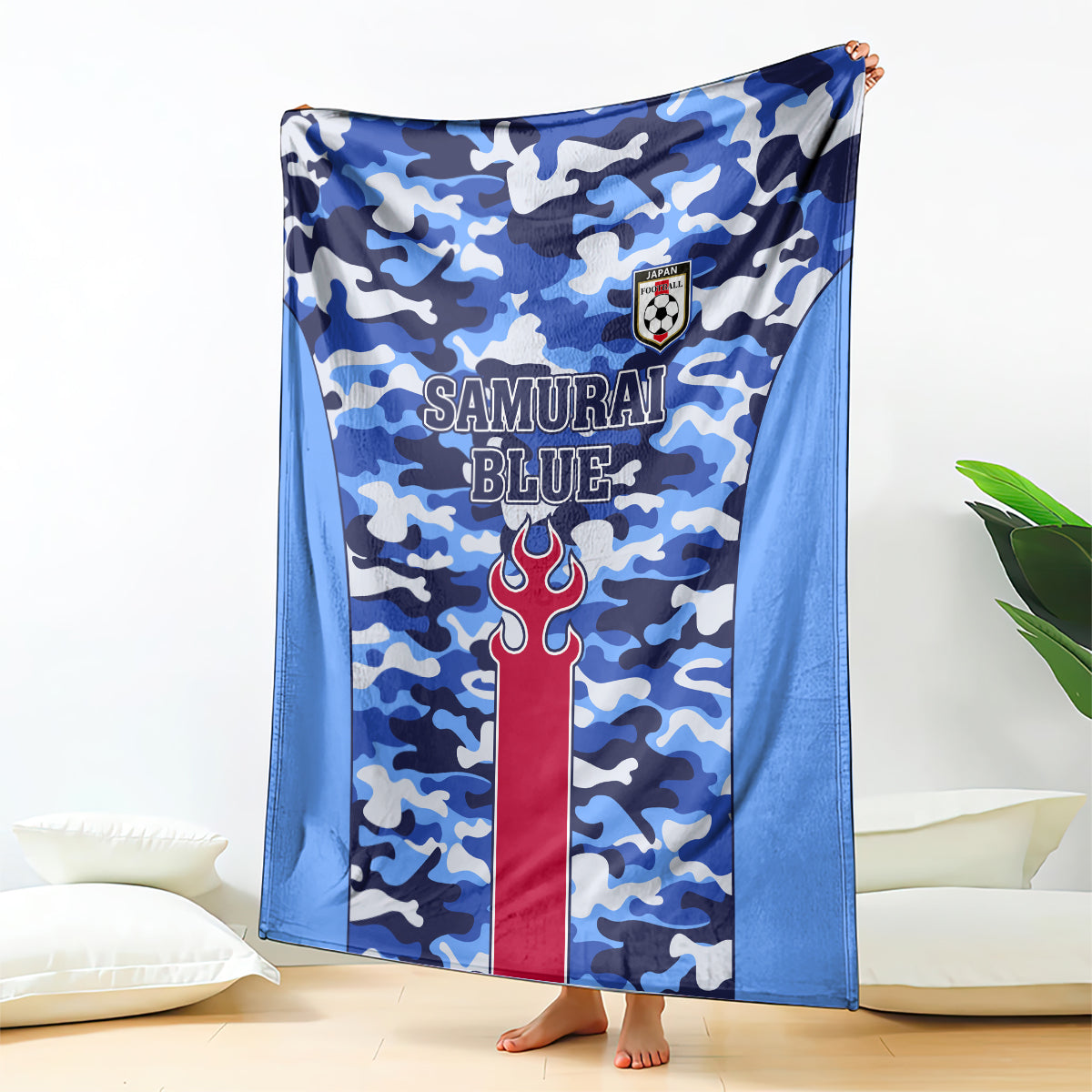 Blue camo blanket with Samurai Blue text and red torch crest, wall-hanging throw