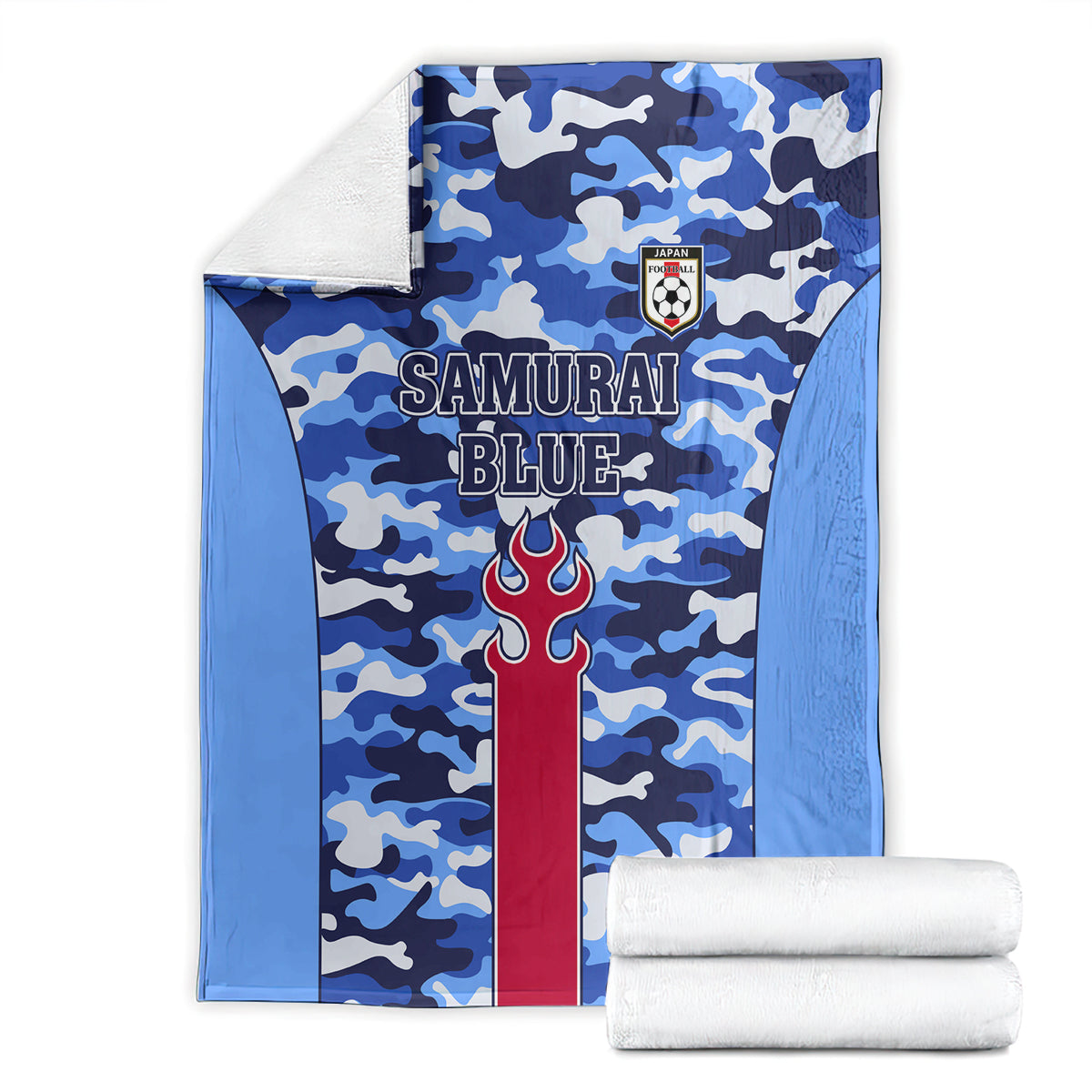 Blue camouflage football blanket with Samurai Blue lettering and red torch emblem, folded